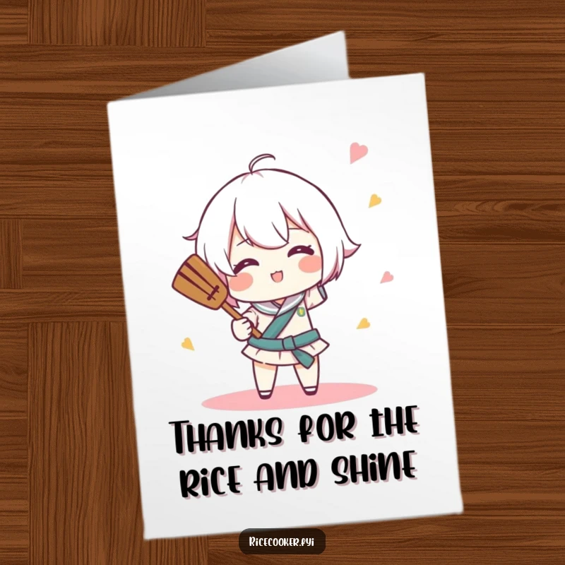 Funny Free Printable Thank You Card: Character comically spins a rice paddle like a tiny baton, adding a whimsical touch to your thanks.