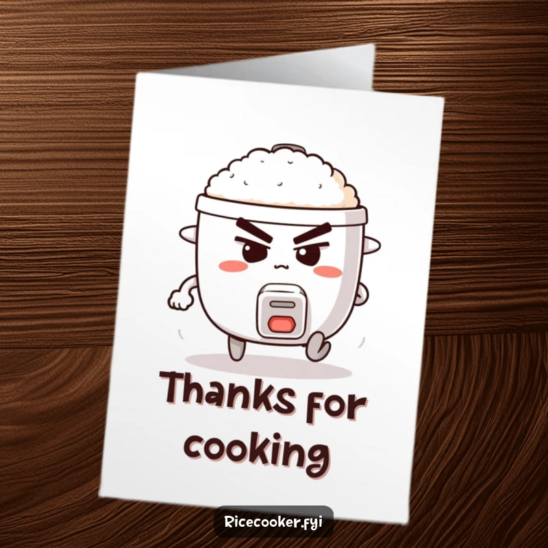 Funny Free Printable Thank You Card: A rice cooker running with determination, offering thanks on the go.