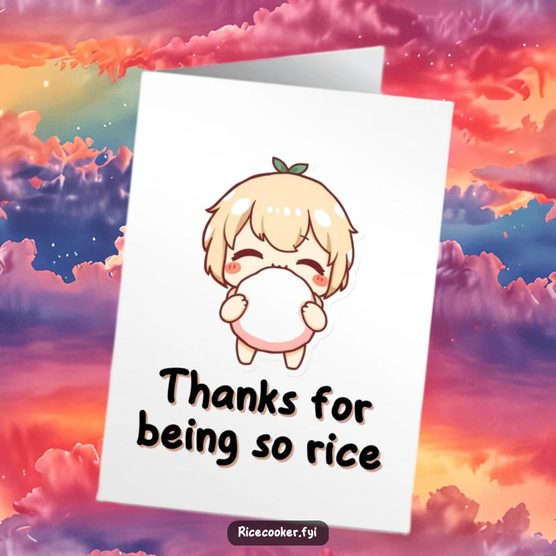 Funny Free Printable Thank You Card: character with a playful wink holding a perfectly made rice ball, offering thanks.