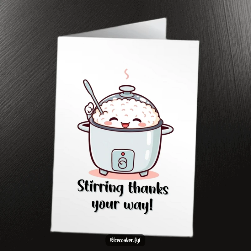 Funny Free Printable Thank You Card: An excited rice cooker waves a small spoon, sending thanks with a cheerful motion.