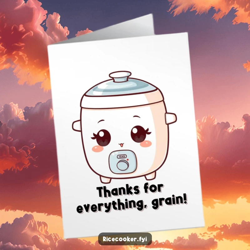 Funny Free Printable Thank You Card: A small, adorable rice cooker winks playfully, conveying thanks with a cheeky grin.
