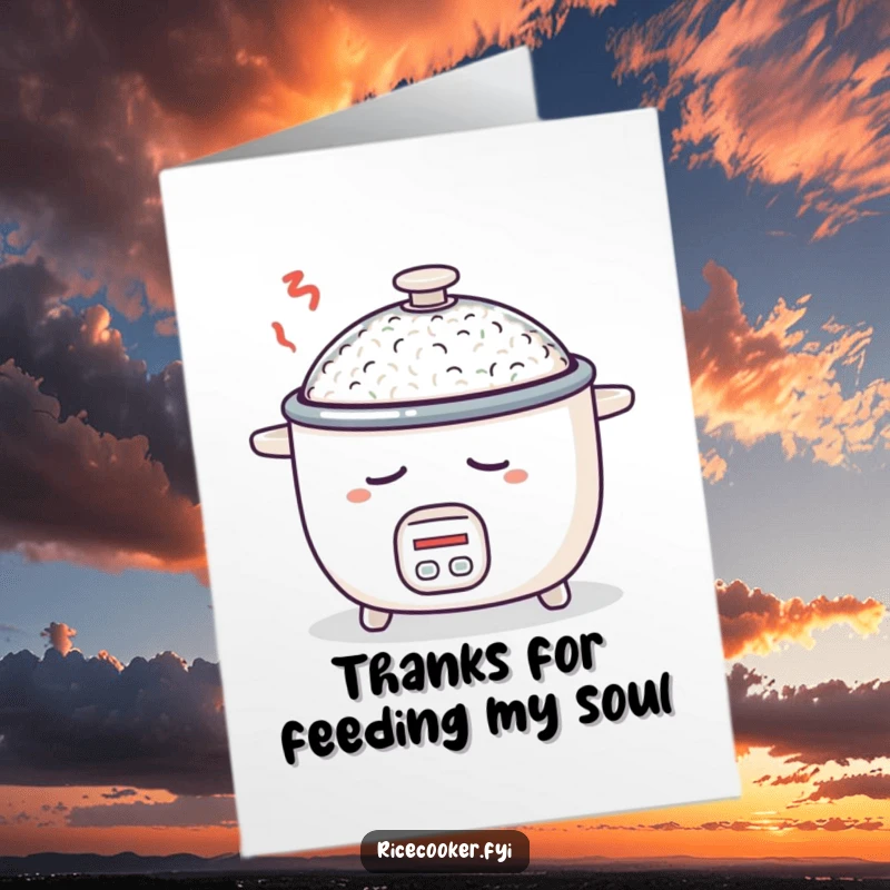 Funny Free Printable Thank You Card: A sleepy rice cooker with its lid slightly open, dreaming of rice, expressing thanks.