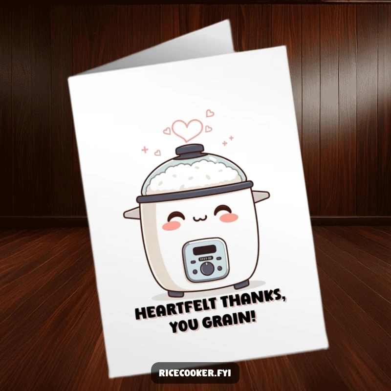 Funny Free Printable Thank You Card: A smiling rice cooker's steam gracefully forms a heart, expressing thanks with love.