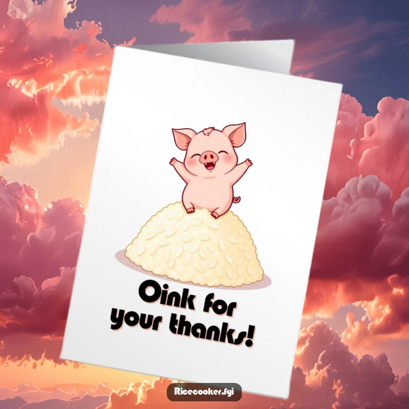 Funny Free Printable Thank You Card: A giggling pig joyfully dances on a bed of perfectly cooked rice.