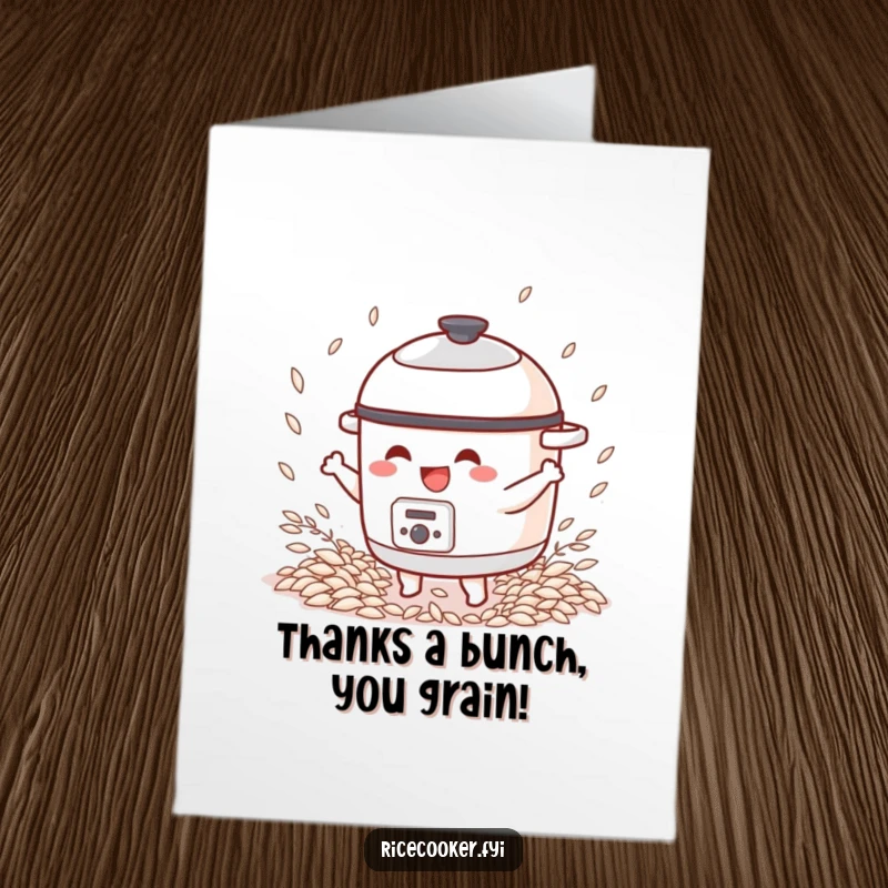 Funny Free Printable Thank You Card: A happy rice cooker dances, showering rice, expressing heartfelt thanks humorously.