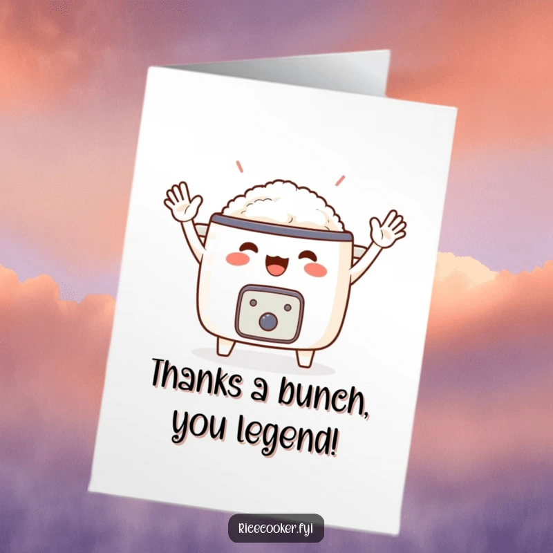 Funny Free Printable Thank You Card with a beaming rice cooker waving enthusiastically to express sincere appreciation and gratitude.
