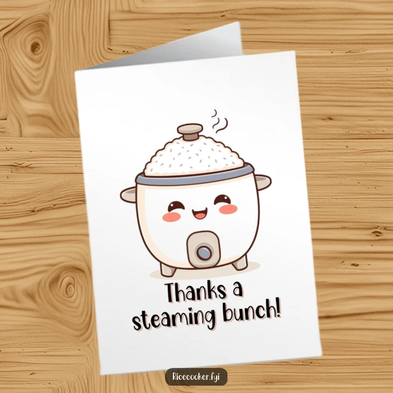 Funny Free Printable Thank You Card: A smiling rice cooker happily serving a steaming portion, a delightful way to say thank you.