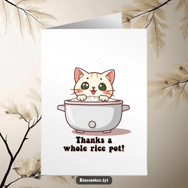 Funny Free Printable Thank You Card: Cat discovering a steaming rice cooker, expressing shock and surprise.