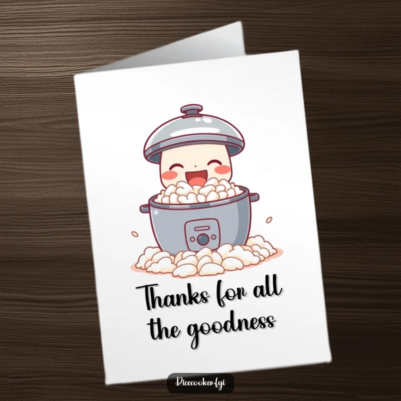 Funny Free Printable Thank You Card of a rice cooker spilling perfect fluffy rice with pure joy, a delightful way to say thanks.