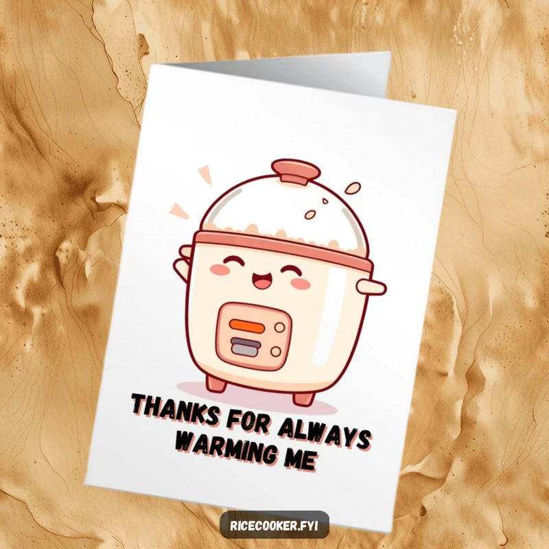 Funny Free Printable Thank You Card: Joyful rice cooker character in a delightful spin, perfect for expressing sincere thanks.