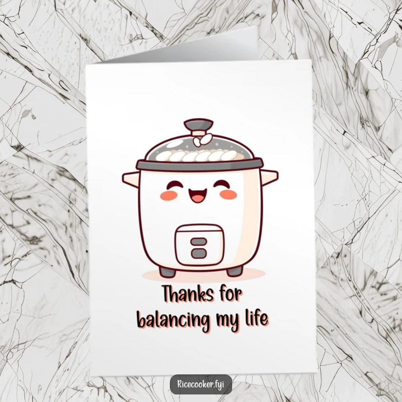 Funny Free Printable Thank You Card: A laughing rice cooker with a tiny grain of rice balanced on its spout, offering thanks.