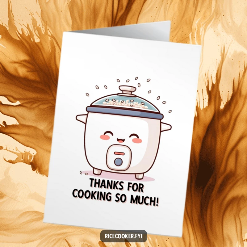 Funny free printable thank you card featuring a cheerful rice cooker dribbling rice grains like confetti, expressing thanks with glee.