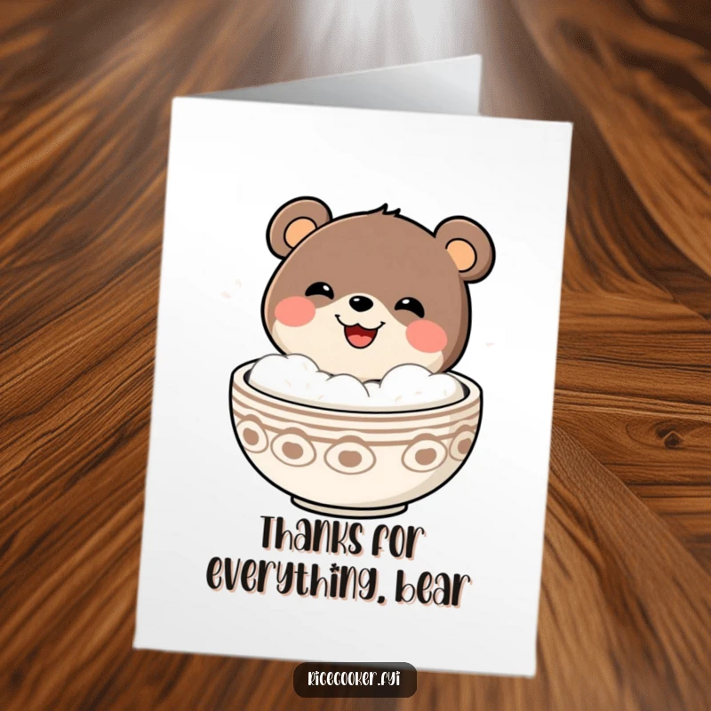 Funny free printable thank you card, cheerful bear popping out of a steaming bowl with a grin, cozy food gratitude.