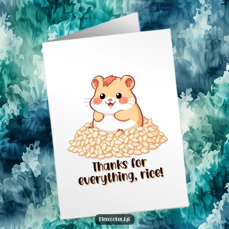 Funny Free Printable Thank You Card: Adorable hamster happily swimming in a huge mound of fluffy rice grains, showing gratitude.
