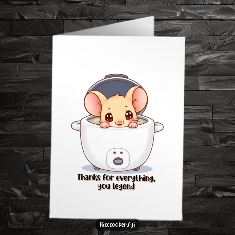 Funny Free Printable Thank You Card featuring a curious mouse peeking into a rice cooker, a delightful surprise.