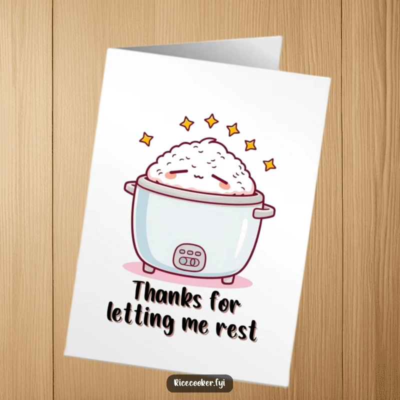 Funny Free Printable Thank You Card with a sleepy rice cooker, perfect for showing appreciation with a touch of humor.
