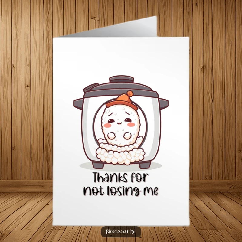 Funny Free Printable Thank You Card: A rice grain sporting a tiny hat looks confused as it rolls out of a rice cooker.