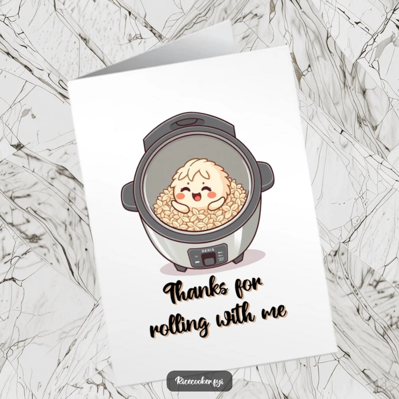 Funny Free Printable Thank You Card: A joyful rice grain character rolling happily inside a clean cooker, humorous downloadable design.