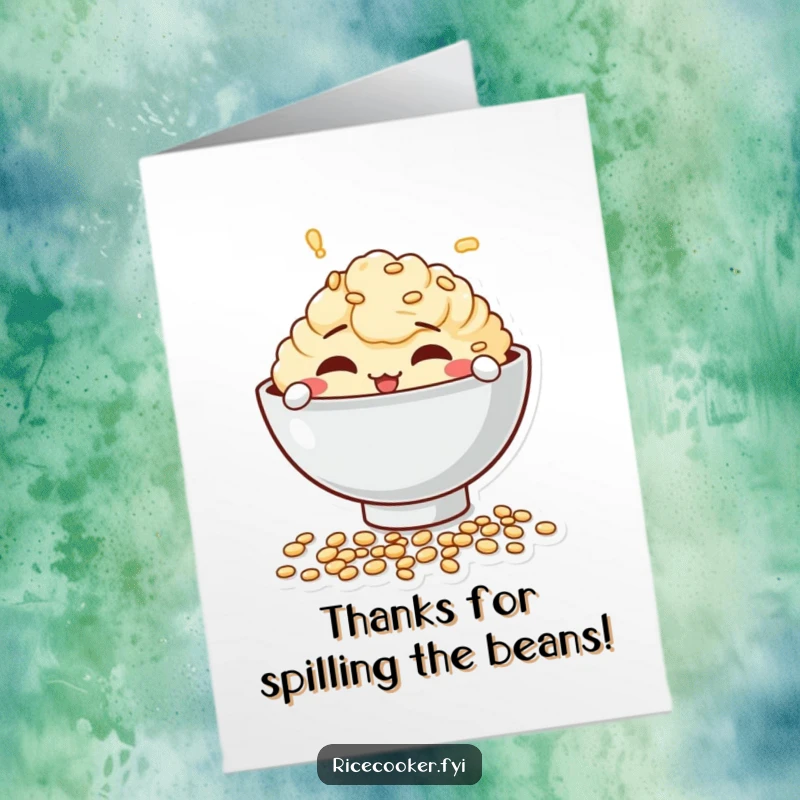 Funny free printable thank you card of a mischievous bowl character playfully spilling uncooked grains with a happy, silly demeanor.