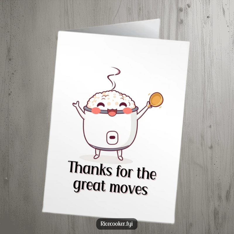 Funny Free Printable Thank You Card depicting a happy rice cooker dancing with a twirling ladle, a joyful way to say thanks.