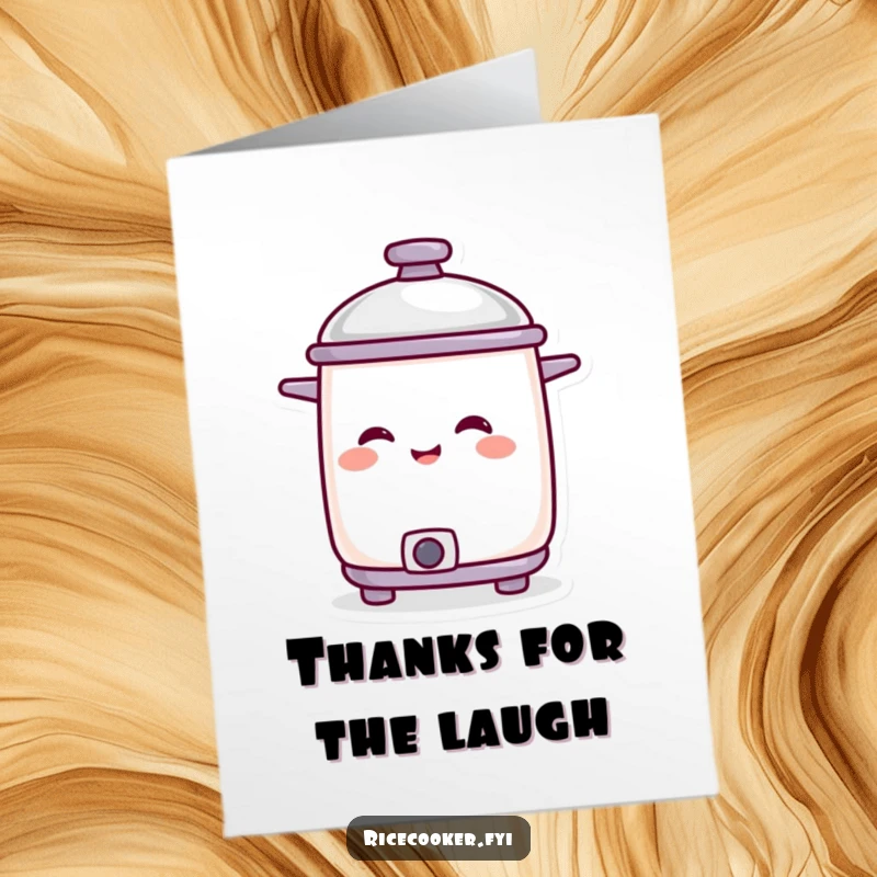 Funny Free Printable Thank You Card: A smiling cooker character with its lid tilted in amusement, humorous downloadable design.
