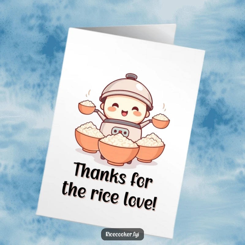 Funny Free Printable Thank You Card: A smiling rice cooker expertly juggling bowls of rice, showing gratitude in a chaotic way.