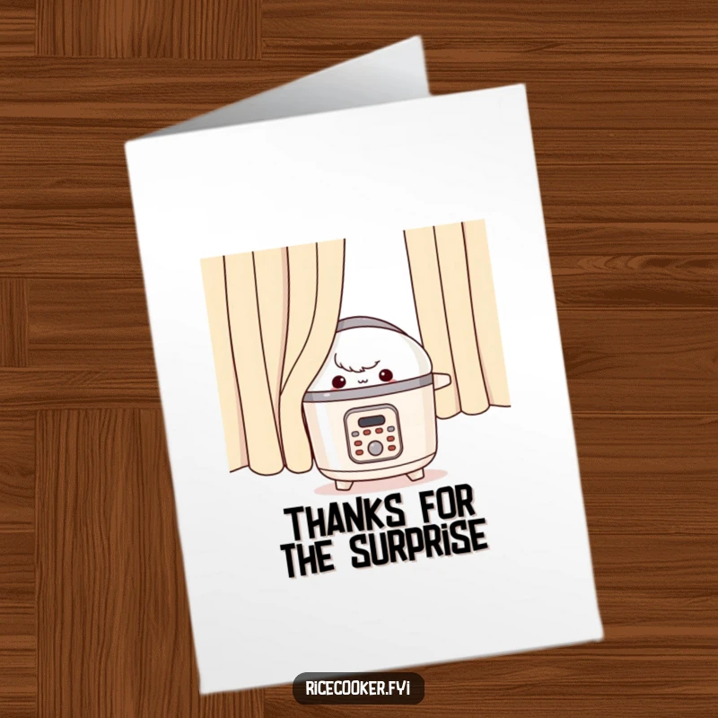 Funny Free Printable Thank You Card: A rice cooker peeking from behind a curtain with a mischievous look, adding humor to your thanks.