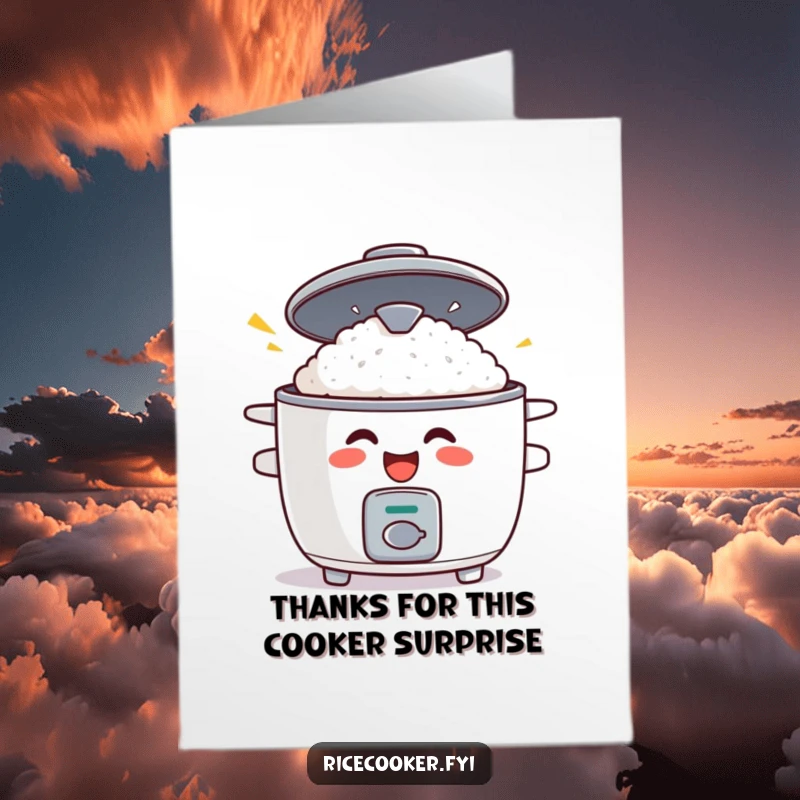 Funny Free Printable Thank You Card: a grinning rice cooker pops its lid in surprise, perfect for a humorous DIY thank you.