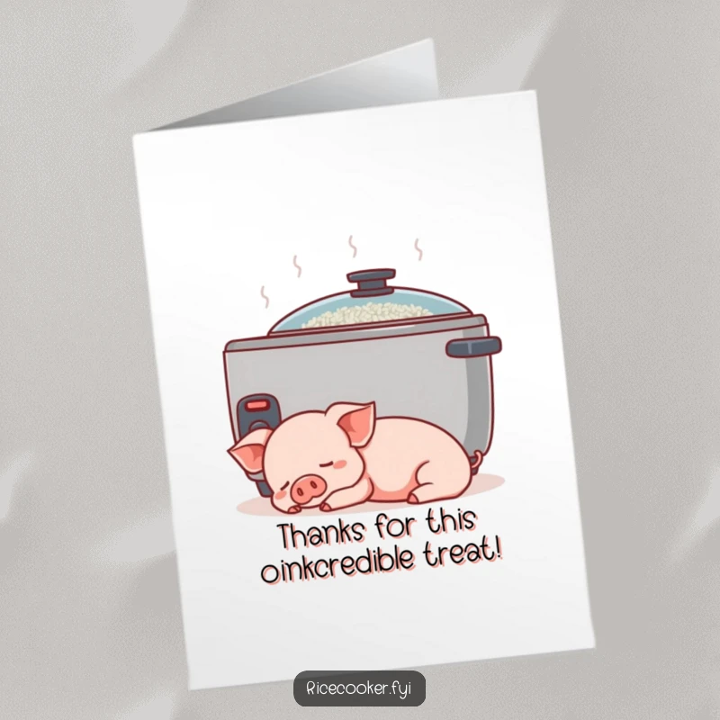 Funny Free Printable Thank You Card: A content piglet naps peacefully by a gently humming rice cooker, offering quiet thanks.