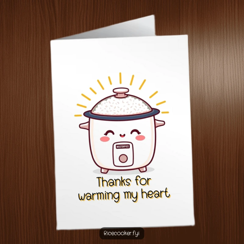 Funny Free Printable Thank You Card featuring a smiling rice cooker radiating positive energy, a warm way to say thank you.