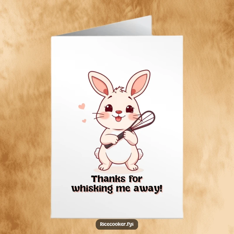Funny Free Printable Thank You Card: A playful bunny holding a tiny whisk, ready to stir rice.