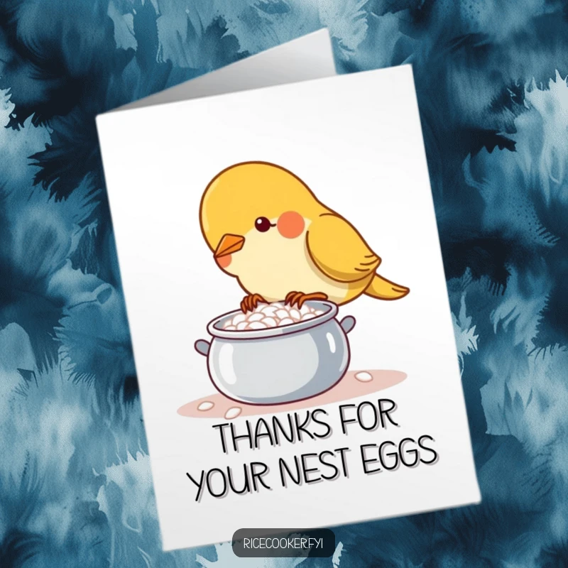 Funny Free Printable Thank You Card of a determined bird diligently tending a small bubbling pot of rice.