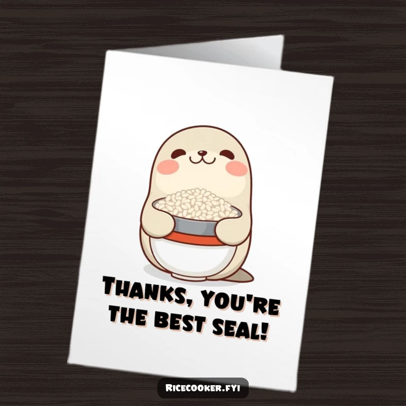 Funny free printable thank you card featuring a smiling seal balancing a bowl of rice on its nose, showing thanks.