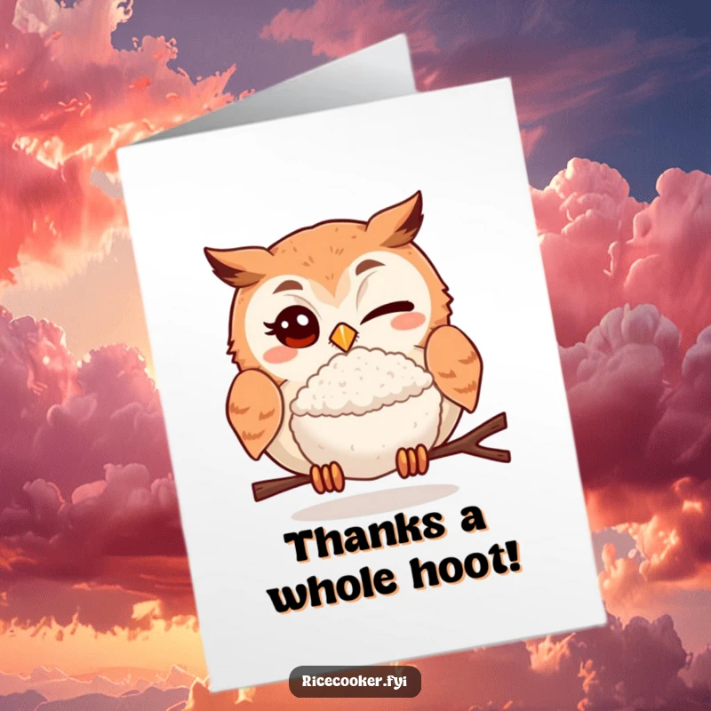 Funny free printable thank you card featuring a winking owl presenting a tasty rice ball, expressing gratitude.