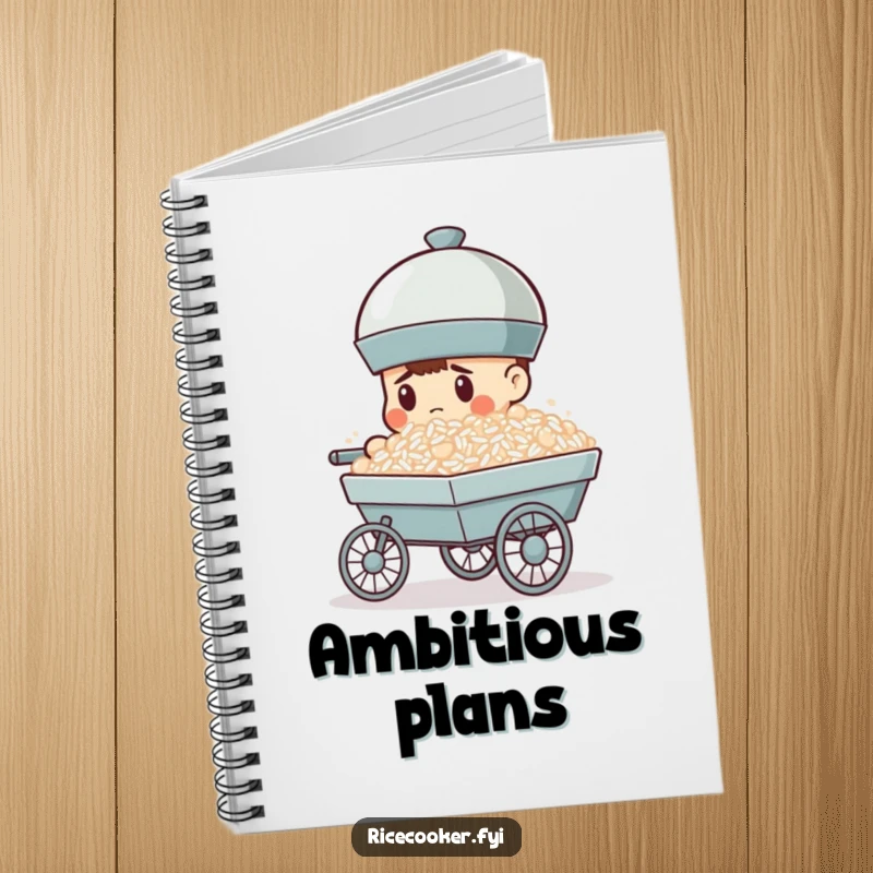 Funny notebook cover featuring a determined rice cooker pushing a cart full of rice, ideal for notes and ambitious plans.