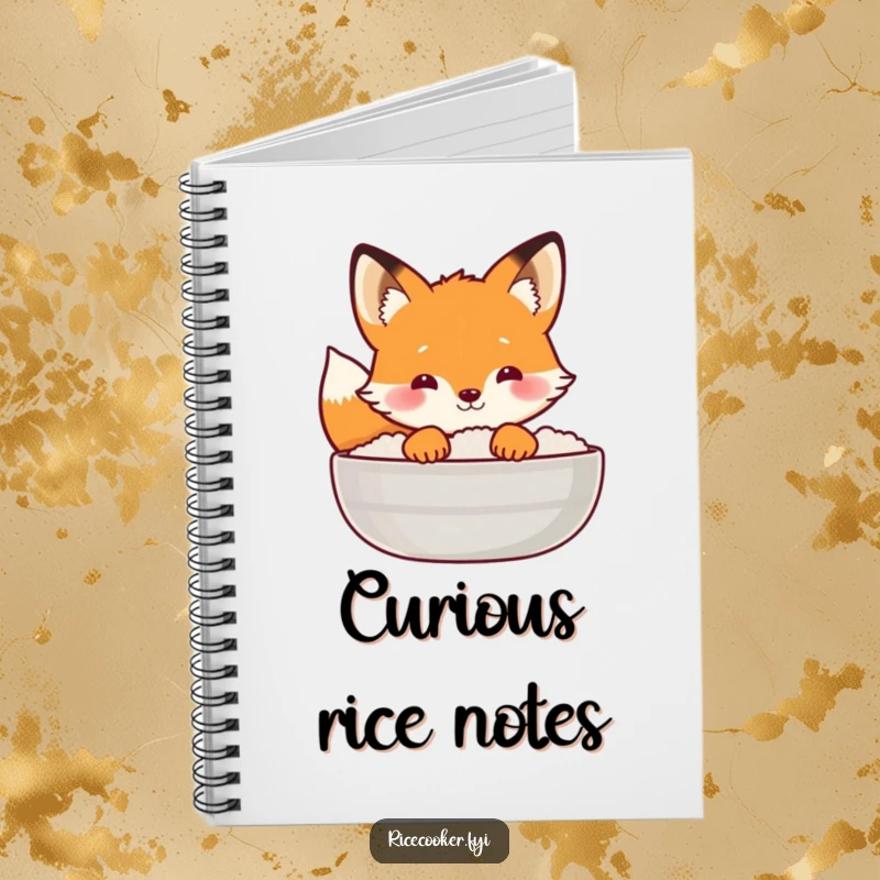 Funny fox notebook with a curious fox peeking from behind a steaming rice lid, perfect for jotting down ideas.