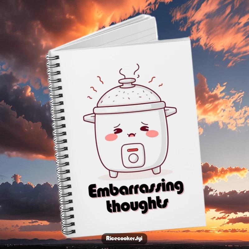 Funny notebook cover featuring a shy rice cooker blushing with steam rising like embarrassed sighs, ideal for notes and gentle musings.