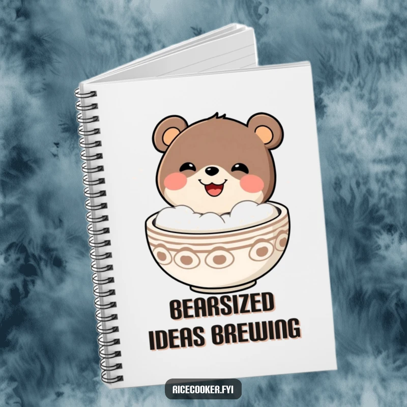 Funny bear with a grin popping out of a steaming bowl, featured on the cover of a lined notebook.