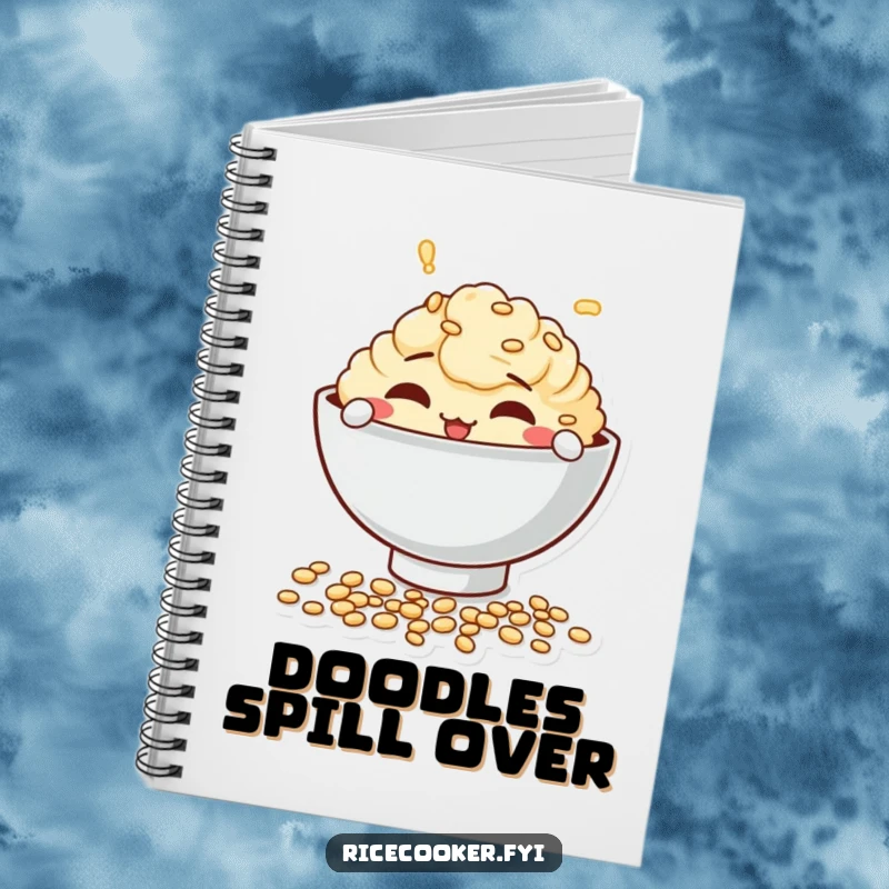 Funny notebook cover featuring a mischievous bowl character playfully spilling uncooked grains, perfect for recipe notes.