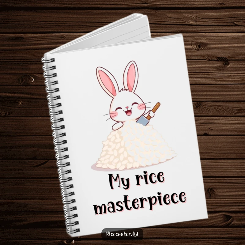 Funny joyful bunny patting a mound of rice with a tiny spatula, looking proud and happy, a humorous notebook.