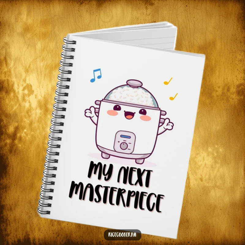 Funny notebook cover featuring a smiling rice cooker conducting an orchestra with its arms, ideal for notes and witty observations.