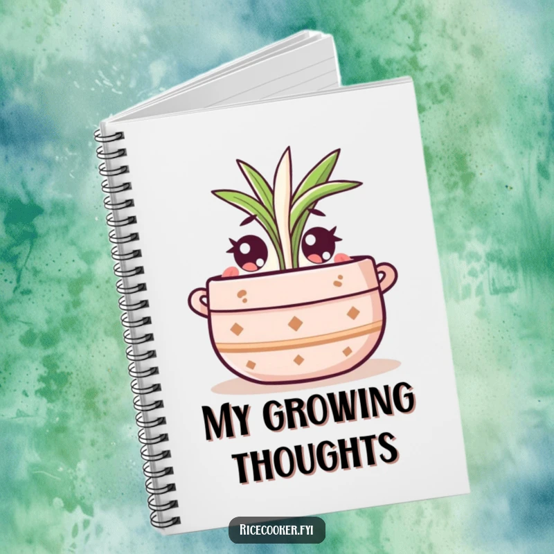 Funny notebook featuring a cute pot character with wide eyes, watching a rice sprout, inspiring garden ideas.