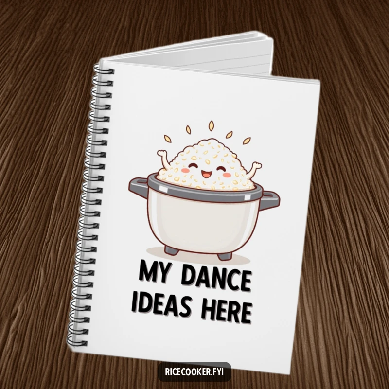 Funny dancing rice notebook that shows a happy pile of cooked rice dancing inside an open rice cooker, perfect for creative writing.