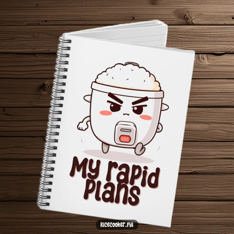 Funny notebook cover with a determined rice cooker attempting to run, ideal for capturing motivated thoughts.