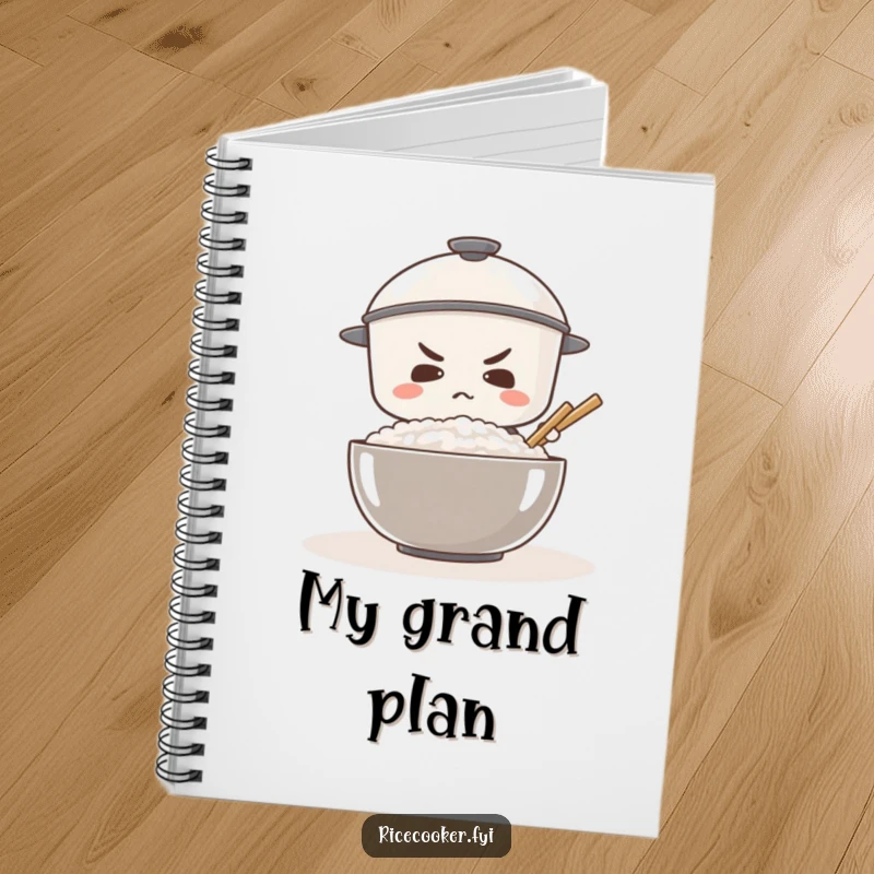 Funny notebook featuring a determined rice cooker stirring a giant bowl of rice, perfect for planning and notes.