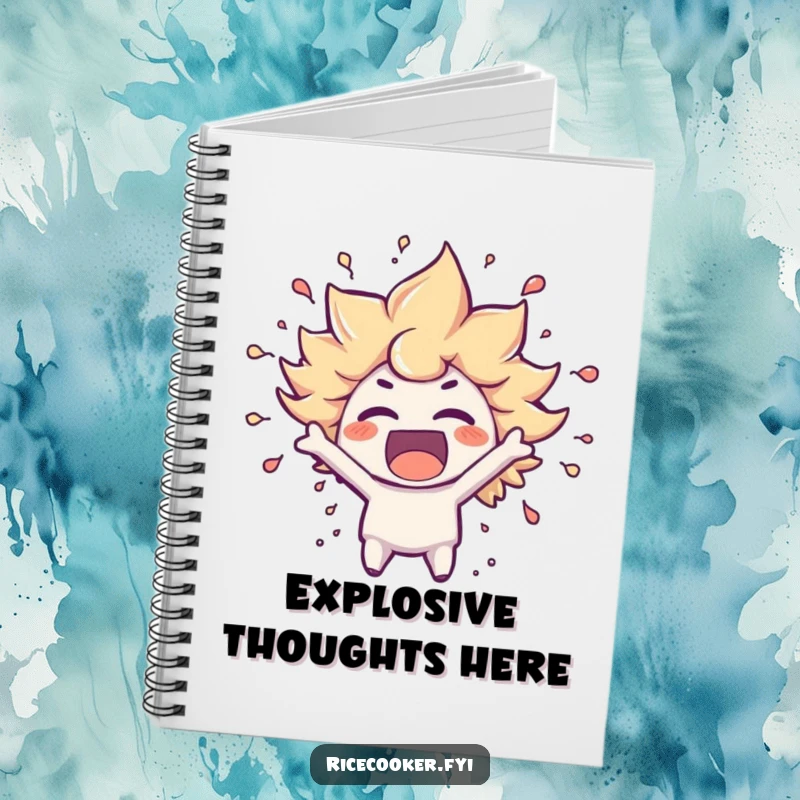 Funny notebook cover with a character bursting with excitement, steam swirling, symbolizing inspiration and high energy for note-taking.