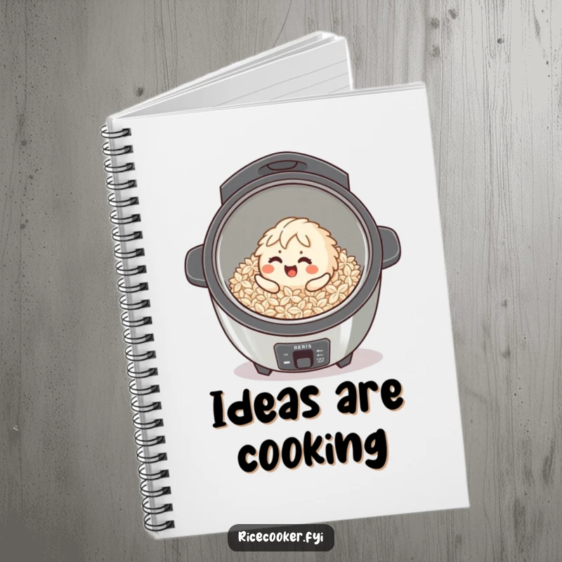 Funny giggling rice grain character rolling inside a clean cooker, featured on a notebook for happy thoughts.