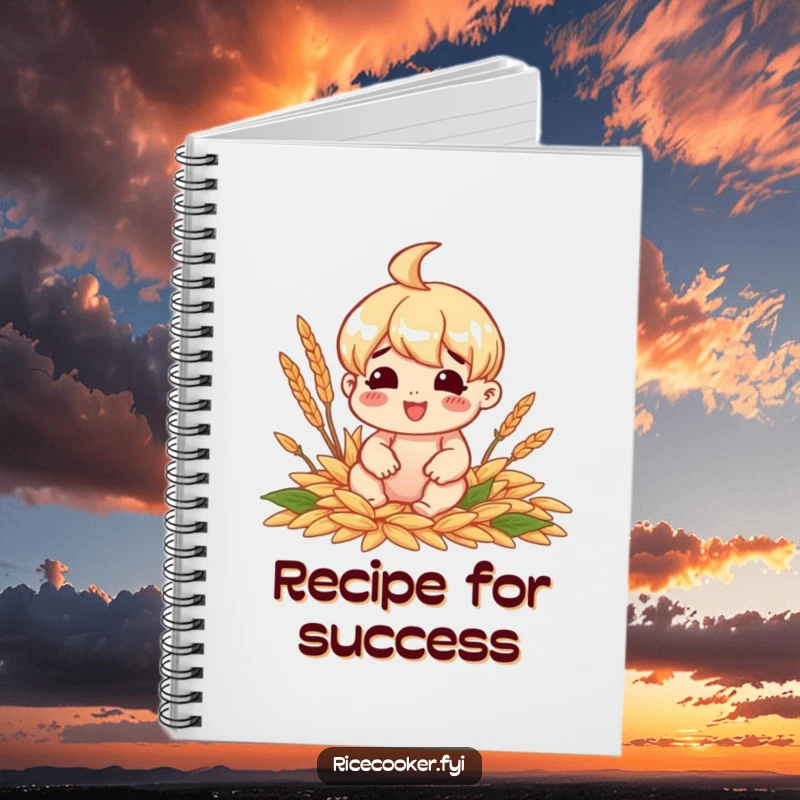 Funny notebook featuring a cheerful character sitting happily surrounded by perfectly cooked grains, perfect for notes.