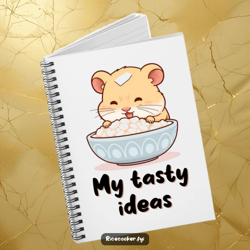 Funny hamster notebook, featuring a hamster delighting in a bowl of rice, perfect for jotting down recipes and culinary notes.