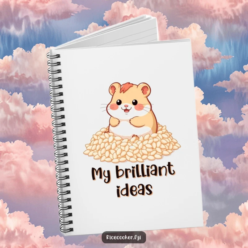 Funny notebook cover showing a happy hamster joyfully playing in a large pile of fluffy rice grains, inspiring creativity.